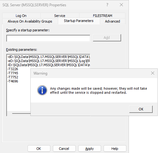 Changes saved, but won't take effect until SQL Server Restart (warning).